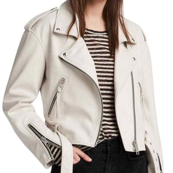 ALL SAINTS Anderson Sheepskin Leather Zip Front Biker Jacket White Size Small - Picture 1 of 16